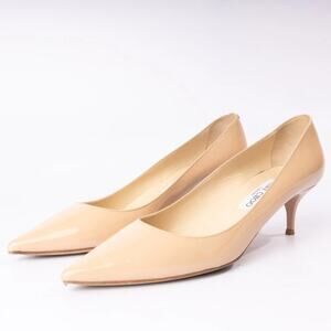 Jimmy Choo Romy Patent Leather Pointed Toe Kitten Heel Pumps in Nude